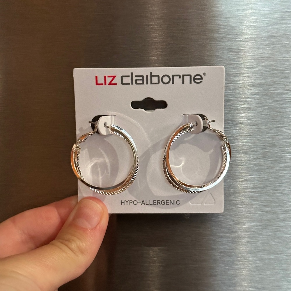 Liz Claiborne Silver Double-Textured Hoop Earrings NEW